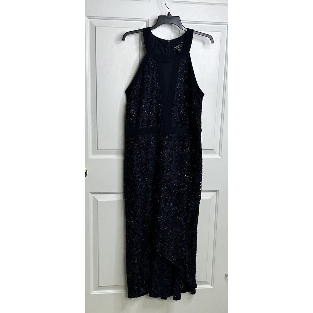 Alexa B NITES Navy Maxi Dress Women's 16W Lace + Sparkle Keyhole Subtle High Low